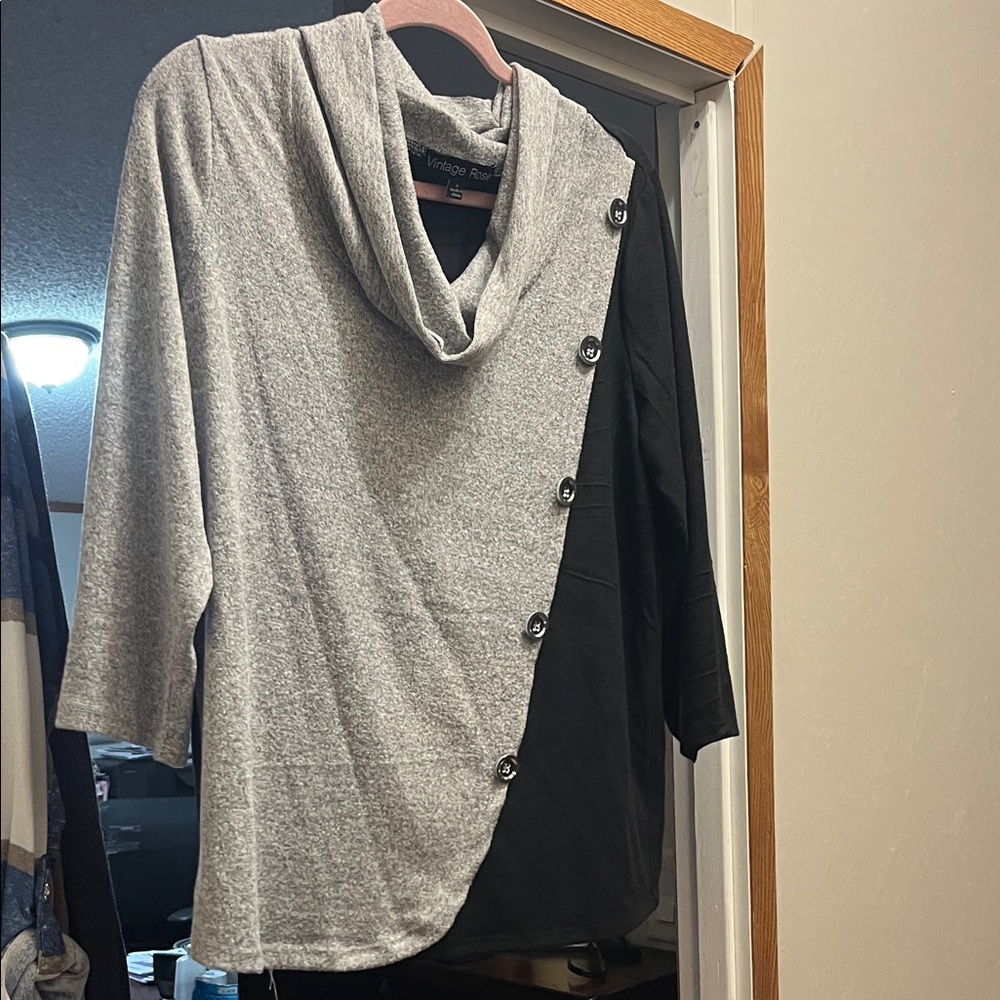 Vintage Rose Gray and Black Button-Accent Cowl Neck Tunic